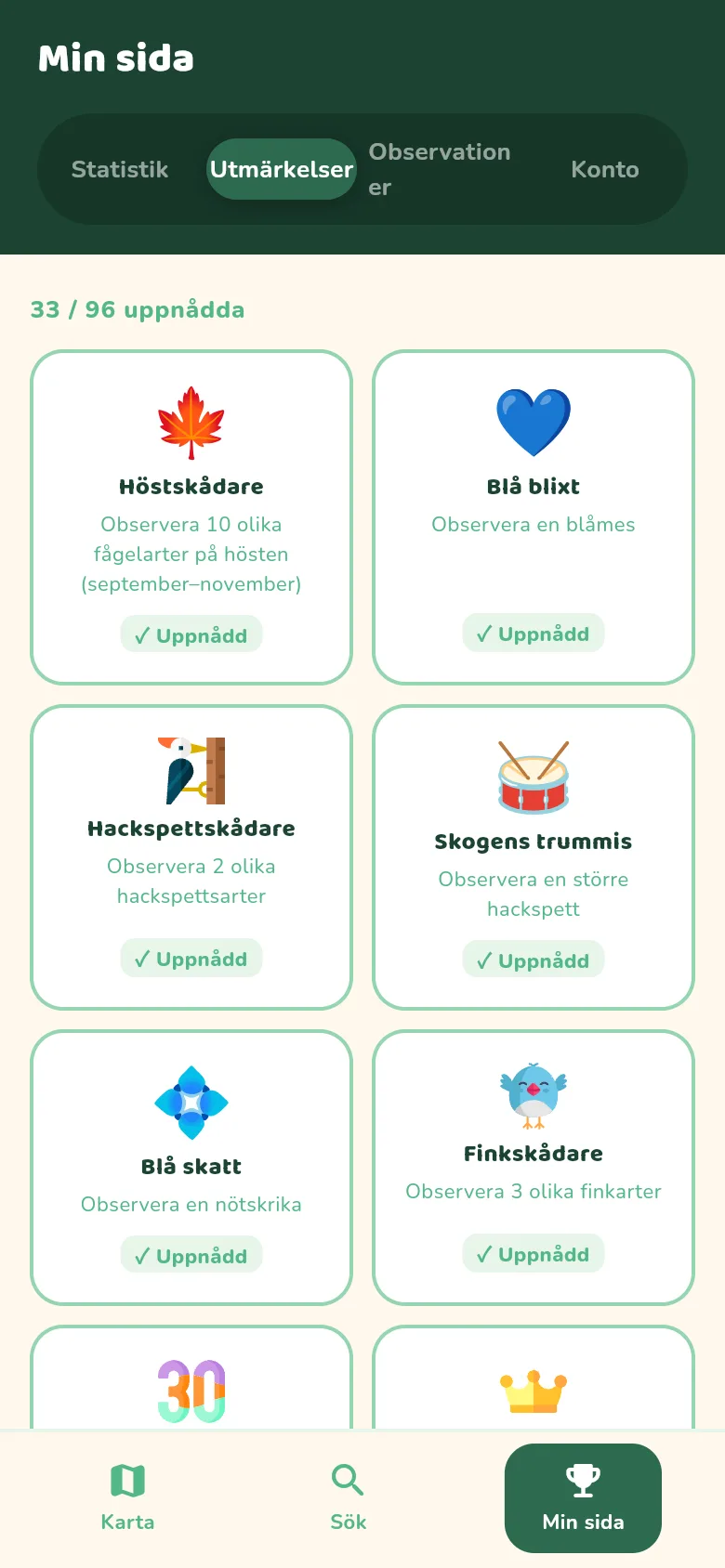 Skärmbild från appen: Samla utmärkelser