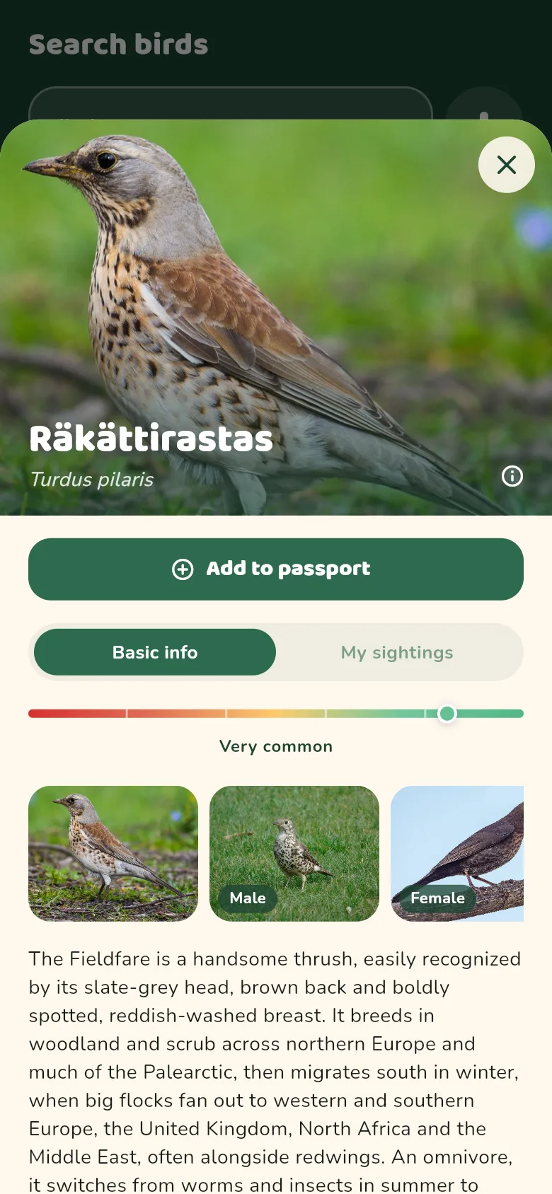 Screenshot of the app: Log your sighting
