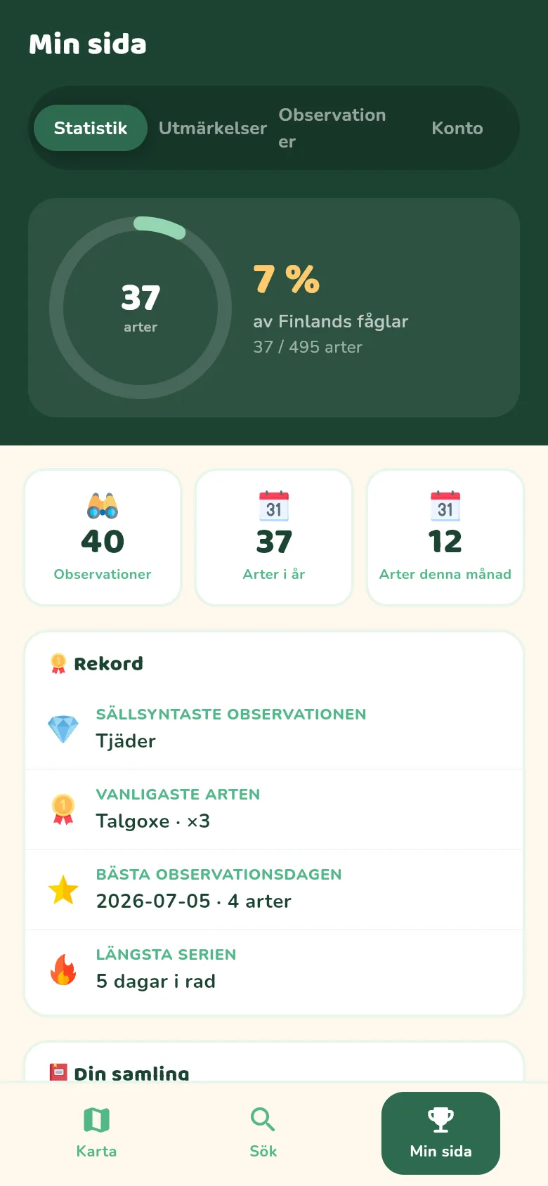 Skärmbild från appen: Se din samling växa